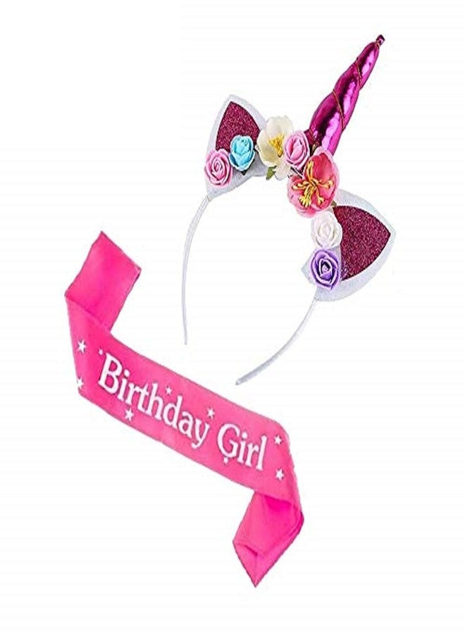 FAVELA Unicorn Headband With Pink Satin Sash Girls Happy Birthday Decoration for Girls | Cute Unicorn Hairband with Cat Ears and Flowers | Small Kids Hair Accessories Set Ideal for Party - Image 2